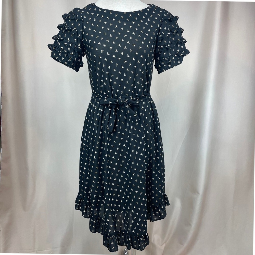 Vintage 70s Womens (M) Black Ruffle Midi‎ Dress Puff Sleeve Western Dance Party